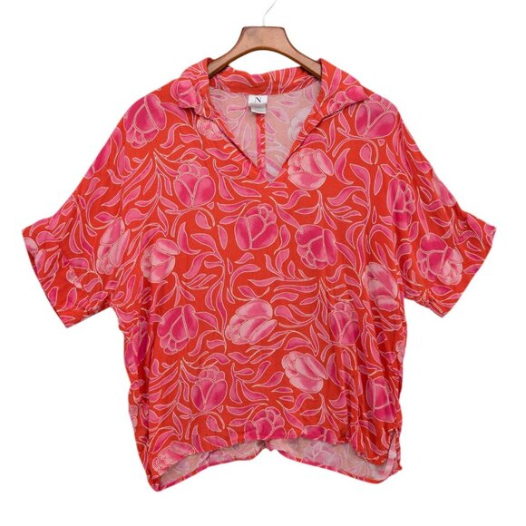 Natori Blouse Womens Orange Pink Floral Short Sleeve Collared V Neck Size M - Picture 1 of 8